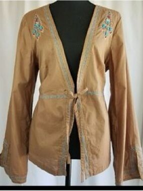 Venezia Tan Tie-Front Utility Jacket with Turquoise & Pink Embroidery